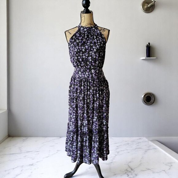 Michael Kors Purple Floral  Textured Jersey Halter Maxi Dress - S - Picture 1 of 9